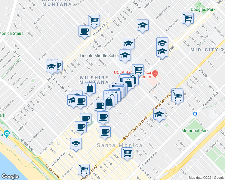 map of restaurants, bars, coffee shops, grocery stores, and more near 1122 California Avenue in Santa Monica