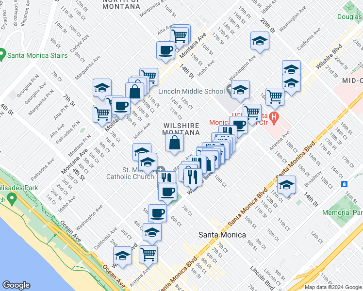 map of restaurants, bars, coffee shops, grocery stores, and more near 1018 10th Street in Santa Monica