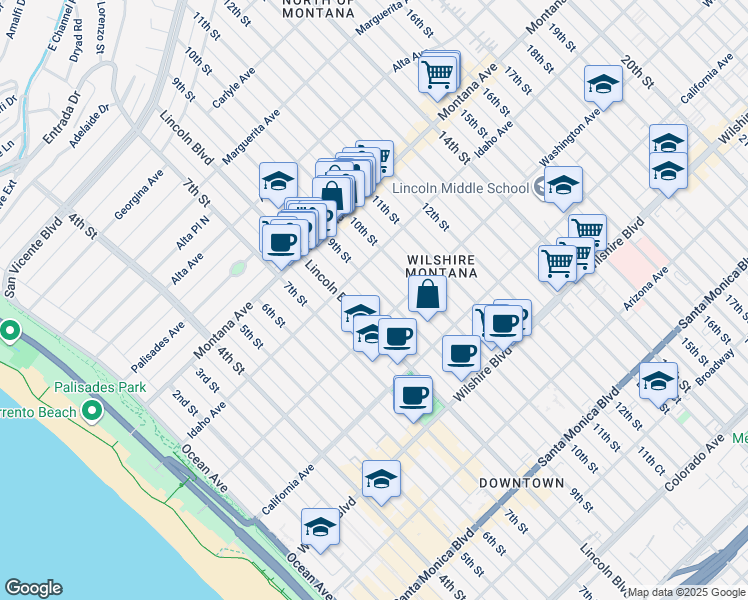 map of restaurants, bars, coffee shops, grocery stores, and more near 953 9th Street in Santa Monica