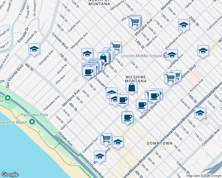 map of restaurants, bars, coffee shops, grocery stores, and more near 917 Lincoln Boulevard in Santa Monica