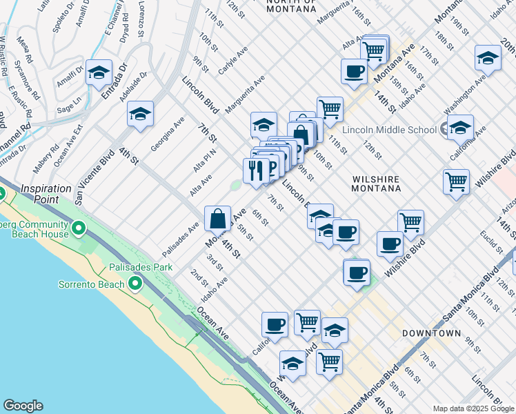 map of restaurants, bars, coffee shops, grocery stores, and more near 822 7th Street in Santa Monica