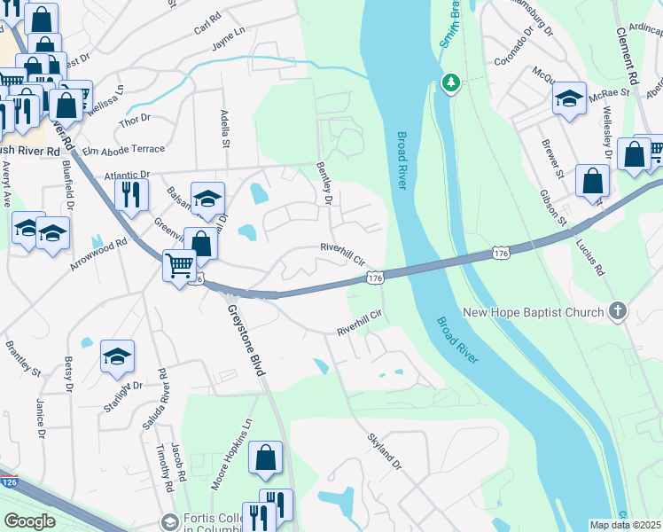 map of restaurants, bars, coffee shops, grocery stores, and more near 702 Bryton Trce in Columbia