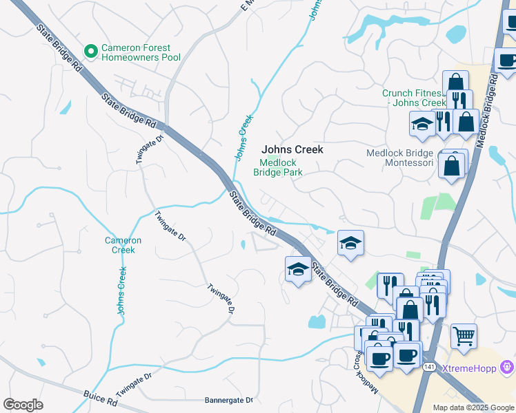 map of restaurants, bars, coffee shops, grocery stores, and more near 504 Winston Croft Circle in Johns Creek