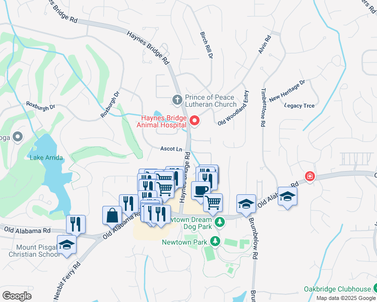 map of restaurants, bars, coffee shops, grocery stores, and more near 3065 Ascot Lane in Roswell