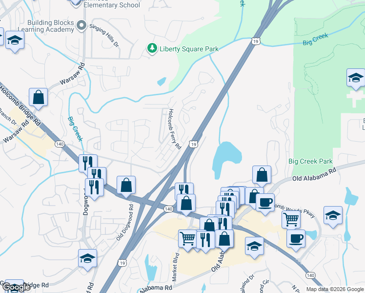 map of restaurants, bars, coffee shops, grocery stores, and more near 875 Mansell Road in Roswell