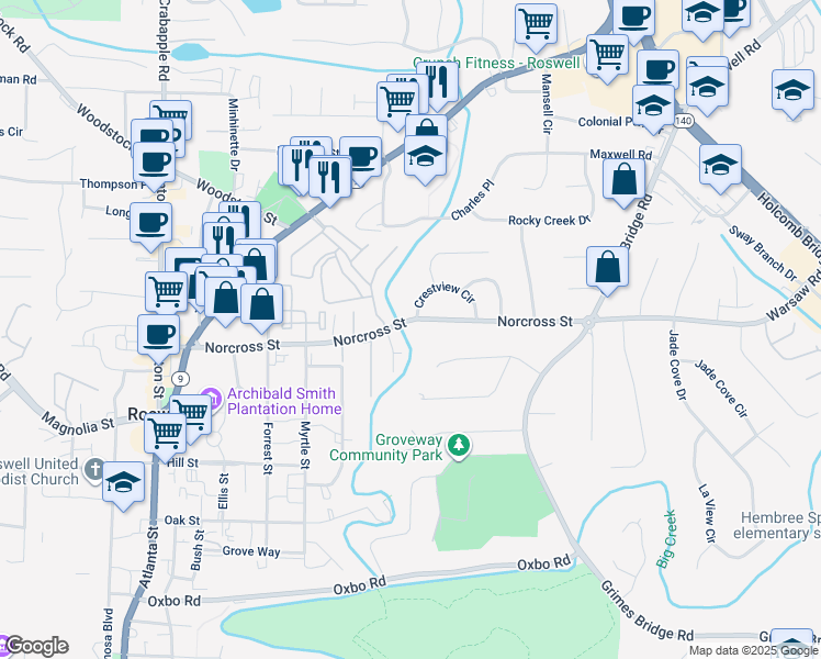 map of restaurants, bars, coffee shops, grocery stores, and more near 315 Norcross Street in Roswell