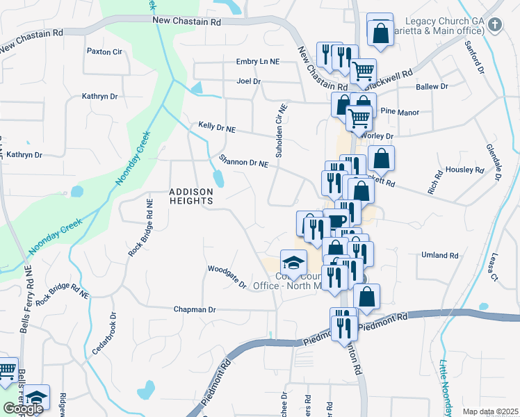 map of restaurants, bars, coffee shops, grocery stores, and more near 3174 Vickery Drive Northeast in Marietta