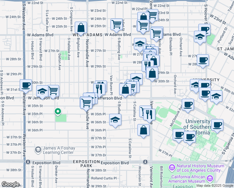 map of restaurants, bars, coffee shops, grocery stores, and more near 3111 South Budlong Avenue in Los Angeles