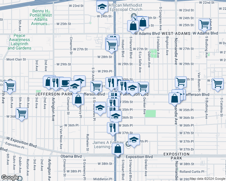 map of restaurants, bars, coffee shops, grocery stores, and more near 3115 South Western Avenue in Los Angeles
