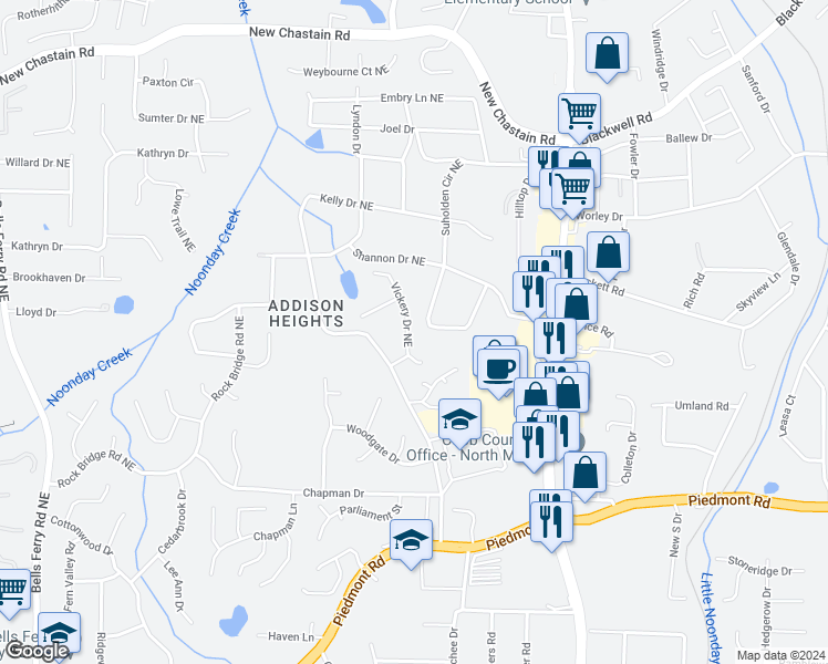 map of restaurants, bars, coffee shops, grocery stores, and more near 3174 Vickery Drive Northeast in Marietta