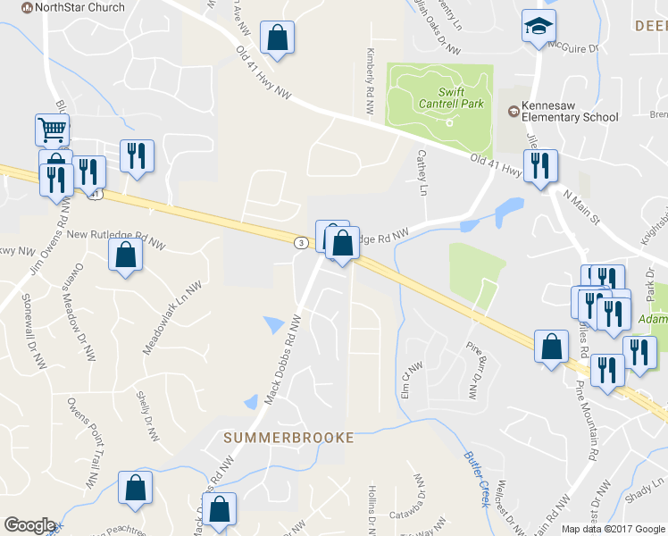 map of restaurants, bars, coffee shops, grocery stores, and more near 2953 Cobb Pkwy in Kennesaw