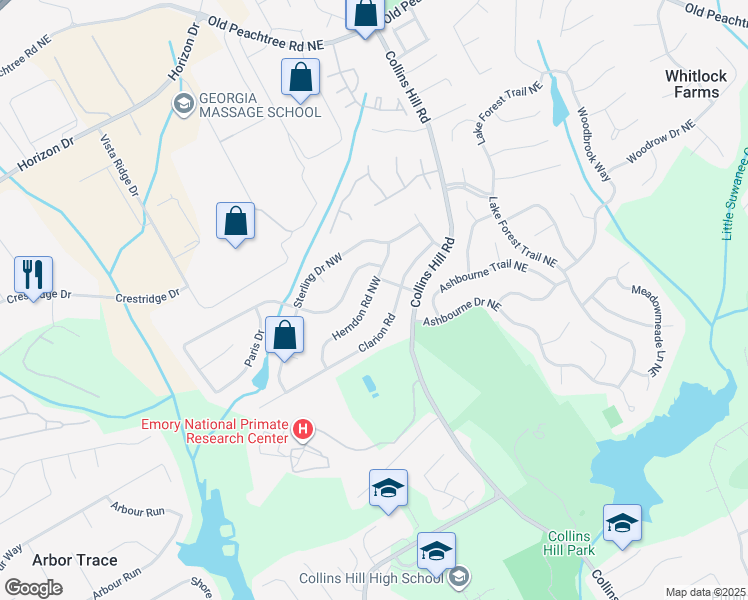 map of restaurants, bars, coffee shops, grocery stores, and more near 2673 Herndon Road Northwest in Lawrenceville