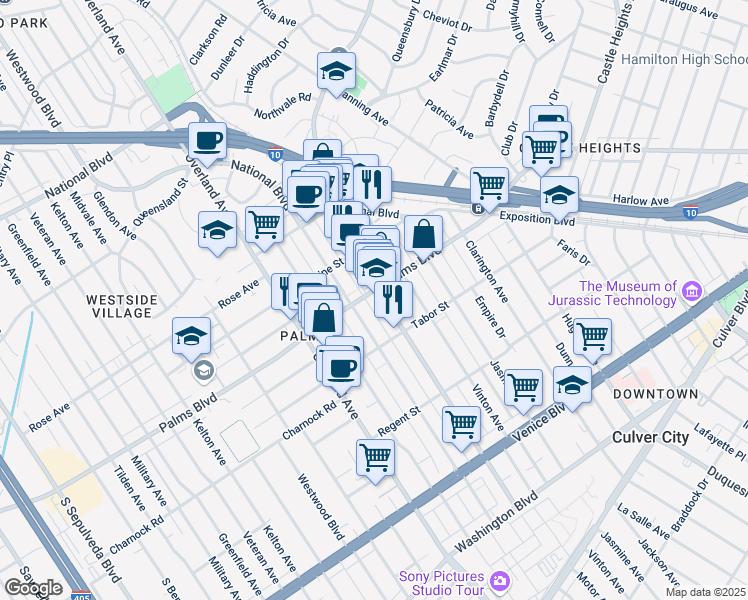 map of restaurants, bars, coffee shops, grocery stores, and more near 3507 Motor Avenue in Los Angeles