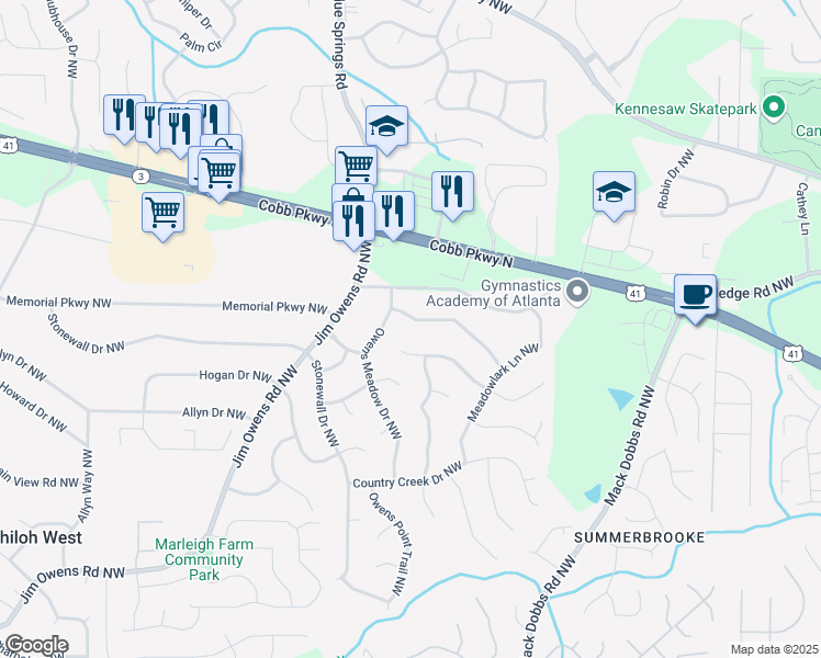 map of restaurants, bars, coffee shops, grocery stores, and more near 3295 Owens Meadow Lane Northwest in Kennesaw