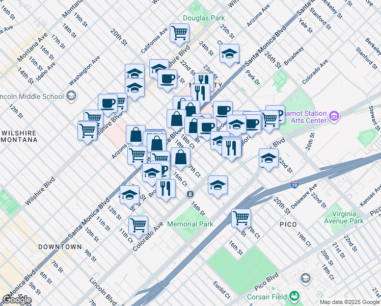 map of restaurants, bars, coffee shops, grocery stores, and more near 1800 Broadway in Santa Monica