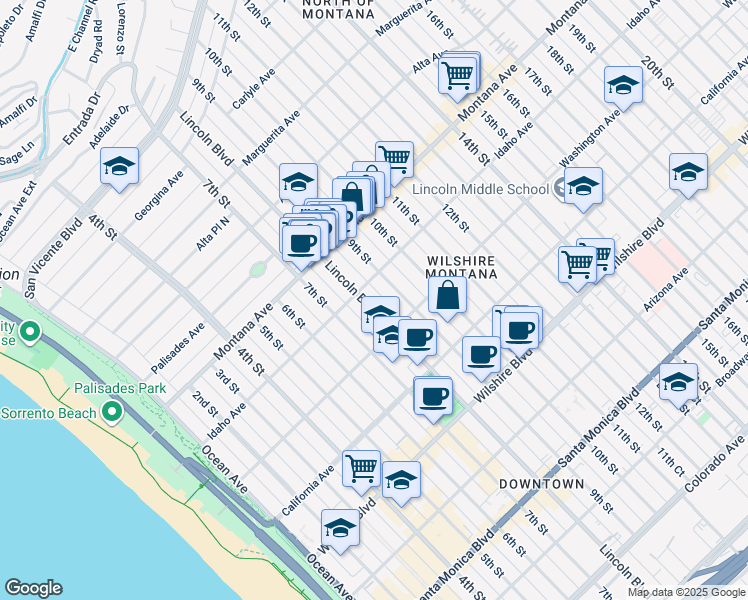 map of restaurants, bars, coffee shops, grocery stores, and more near 917 Lincoln Boulevard in Santa Monica