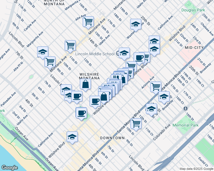 map of restaurants, bars, coffee shops, grocery stores, and more near 1122 California Avenue in Santa Monica