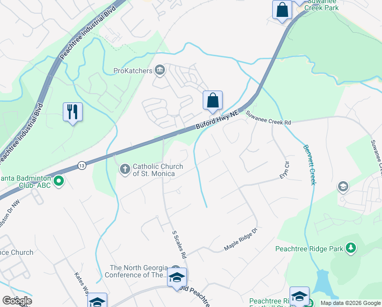 map of restaurants, bars, coffee shops, grocery stores, and more near 1534 Highland Bluff Court in Suwanee