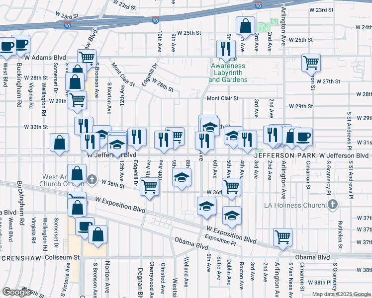 map of restaurants, bars, coffee shops, grocery stores, and more near 3115 8th Avenue in Los Angeles