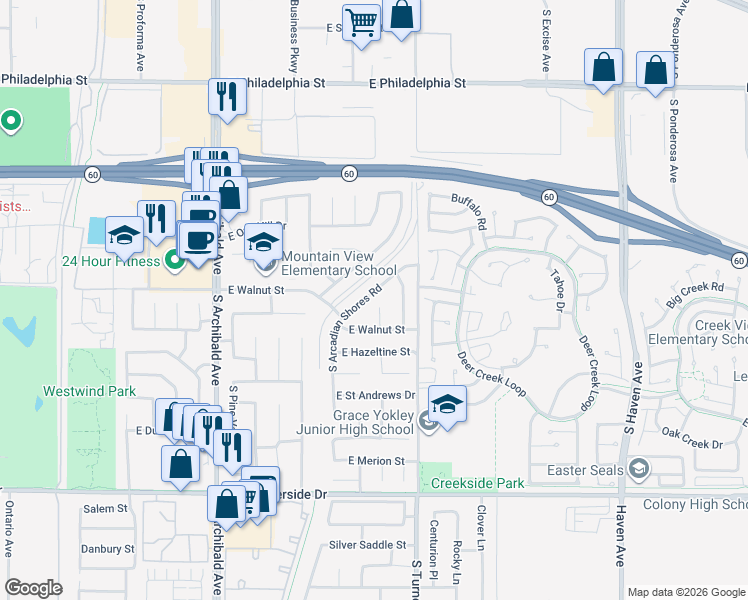map of restaurants, bars, coffee shops, grocery stores, and more near 2561 South Arcadian Shores Road in Ontario