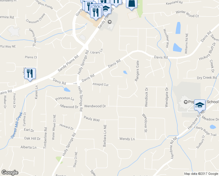 map of restaurants, bars, coffee shops, grocery stores, and more near 2852 Intrepid Cut in Marietta