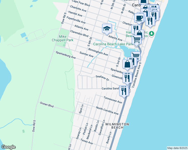 map of restaurants, bars, coffee shops, grocery stores, and more near 606 Seafarer Drive in Carolina Beach