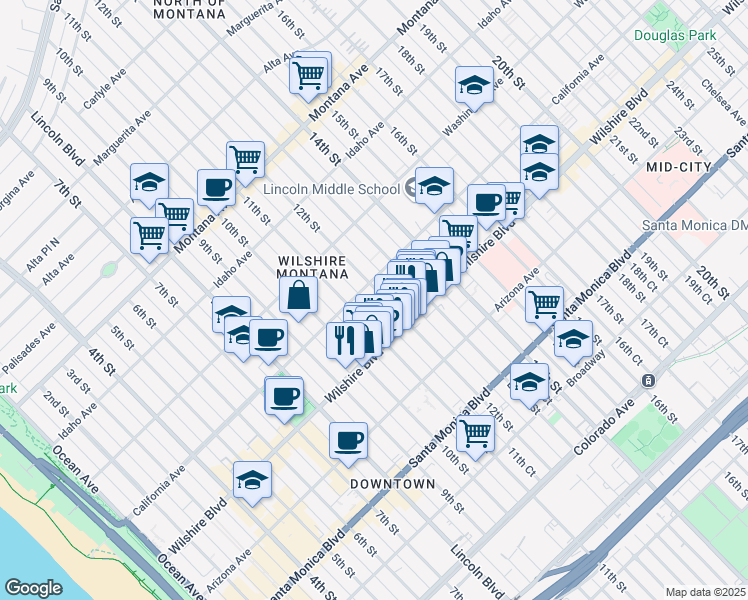 map of restaurants, bars, coffee shops, grocery stores, and more near in Santa Monica