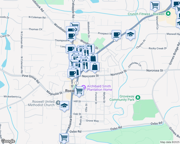 map of restaurants, bars, coffee shops, grocery stores, and more near 1015 Alpharetta Street in Roswell