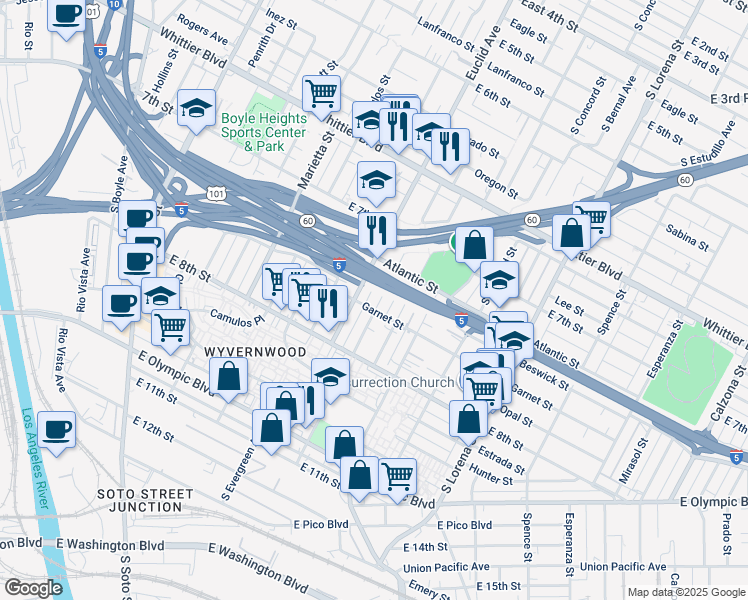 map of restaurants, bars, coffee shops, grocery stores, and more near 1106 South Dacotah Street in Los Angeles