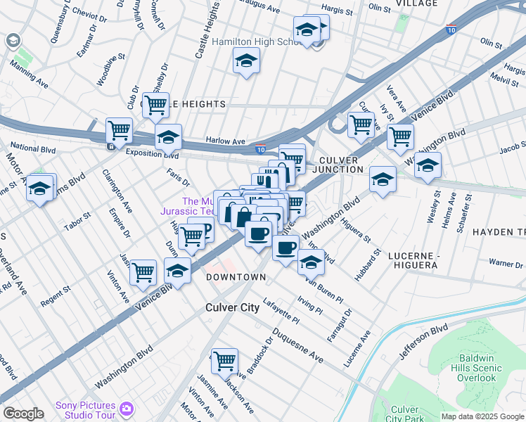map of restaurants, bars, coffee shops, grocery stores, and more near 9325 Venice Boulevard in Culver City