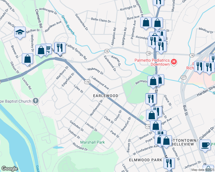map of restaurants, bars, coffee shops, grocery stores, and more near 3102 Lakewood Avenue in Columbia