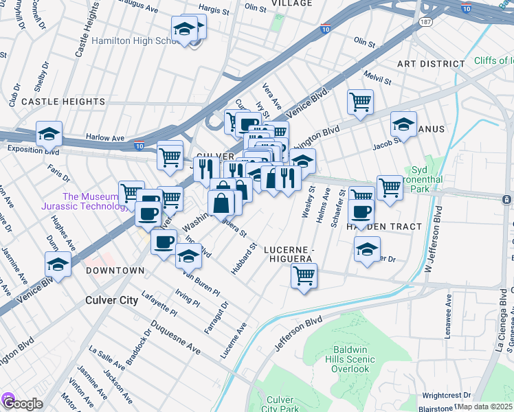 map of restaurants, bars, coffee shops, grocery stores, and more near 8909 Krueger Street in Culver City