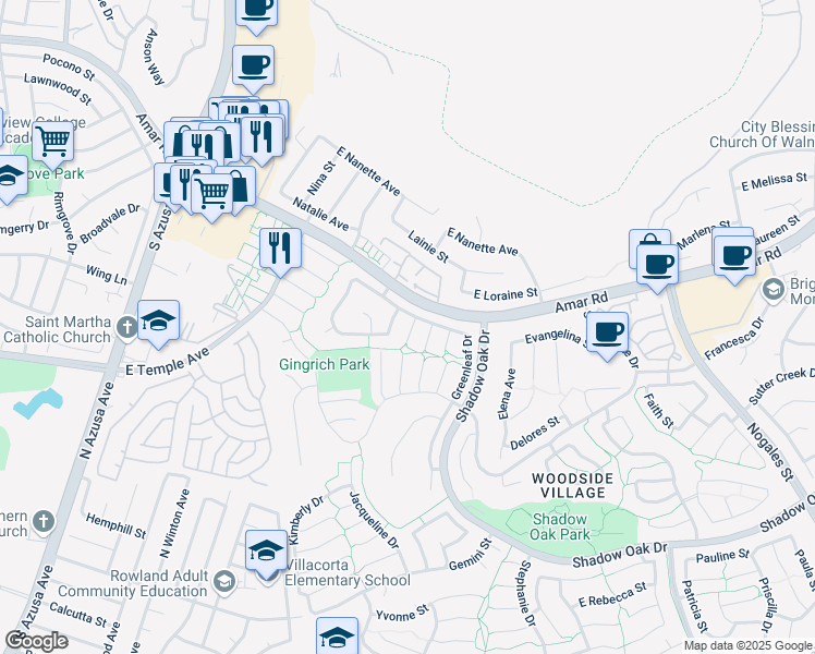 map of restaurants, bars, coffee shops, grocery stores, and more near 2609 Lakemoor Place in West Covina