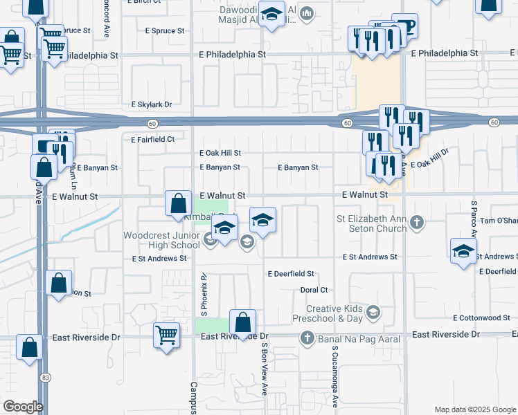 map of restaurants, bars, coffee shops, grocery stores, and more near 2616 S Bon View Ave in Ontario