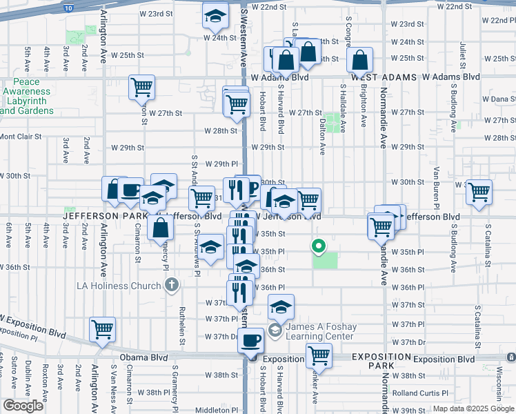 map of restaurants, bars, coffee shops, grocery stores, and more near 3113 South Hobart Boulevard in Los Angeles