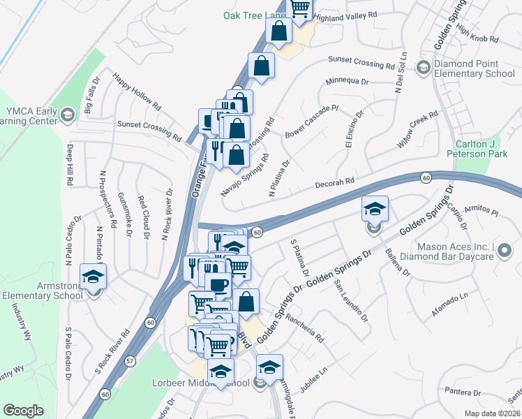 map of restaurants, bars, coffee shops, grocery stores, and more near 23608 Decorah Road in Diamond Bar