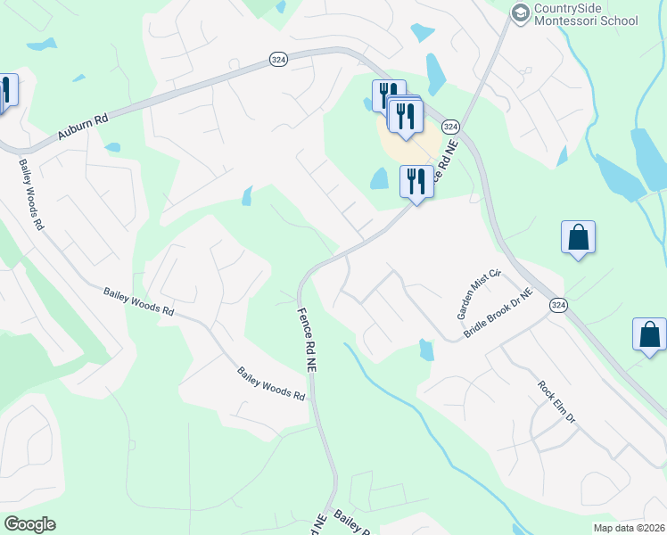 map of restaurants, bars, coffee shops, grocery stores, and more near 3140 Fence Road Northeast in Dacula