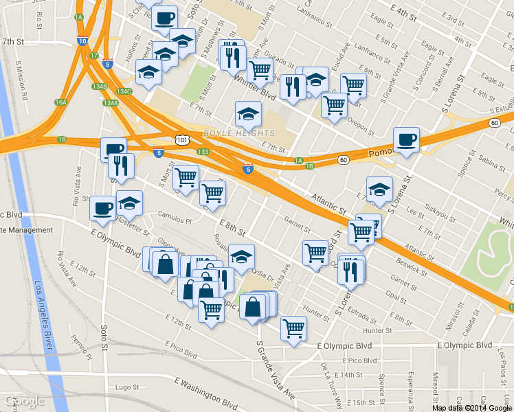map of restaurants, bars, coffee shops, grocery stores, and more near 1117 Euclid Avenue in Los Angeles