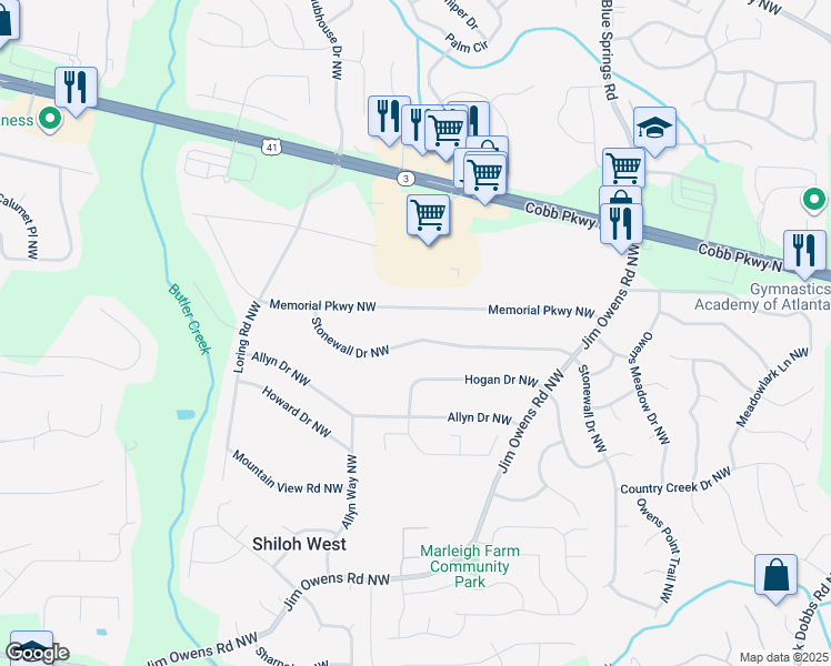map of restaurants, bars, coffee shops, grocery stores, and more near 3700 Stonewall Drive Northwest in Kennesaw