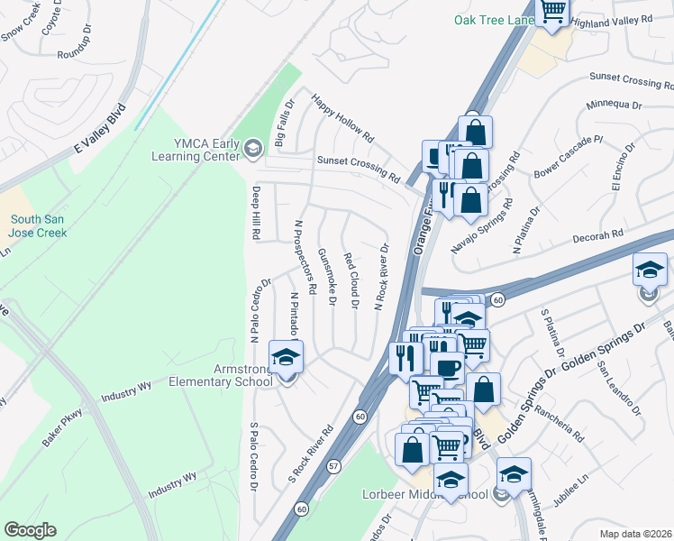 map of restaurants, bars, coffee shops, grocery stores, and more near 324 Gunsmoke Drive in Diamond Bar