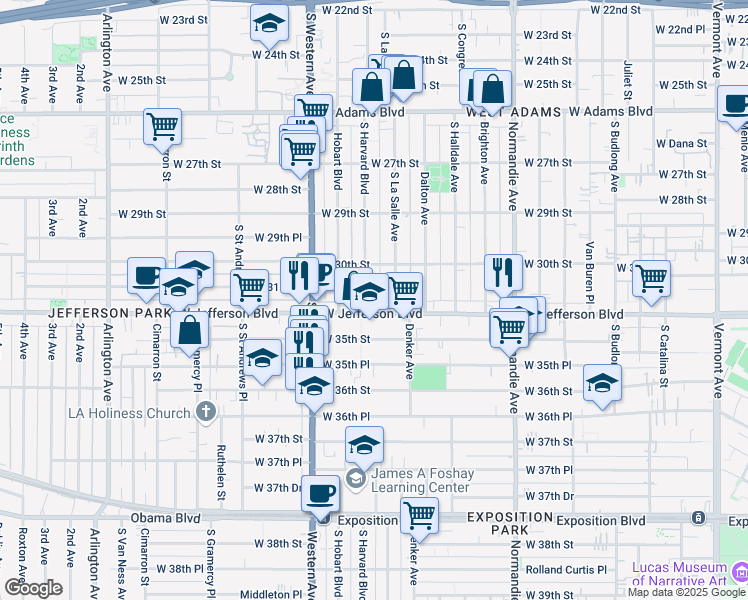 map of restaurants, bars, coffee shops, grocery stores, and more near 3110 South Harvard Boulevard in Los Angeles