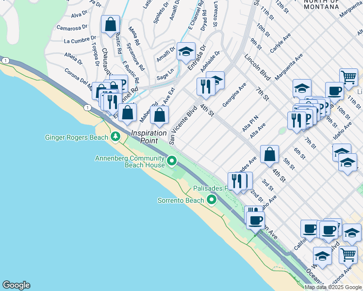 map of restaurants, bars, coffee shops, grocery stores, and more near 121 Georgina Avenue in Santa Monica