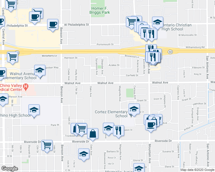 map of restaurants, bars, coffee shops, grocery stores, and more near 12515 Ross Avenue in Chino