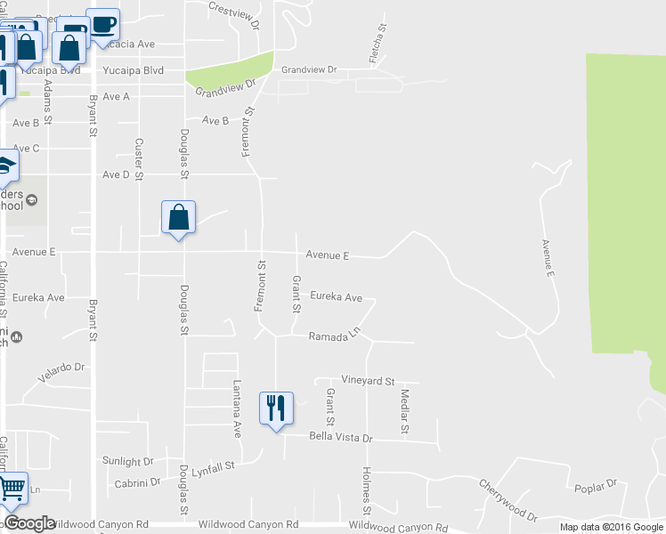 map of restaurants, bars, coffee shops, grocery stores, and more near 33575 #2 Yucaipa Boulevard in Yucaipa