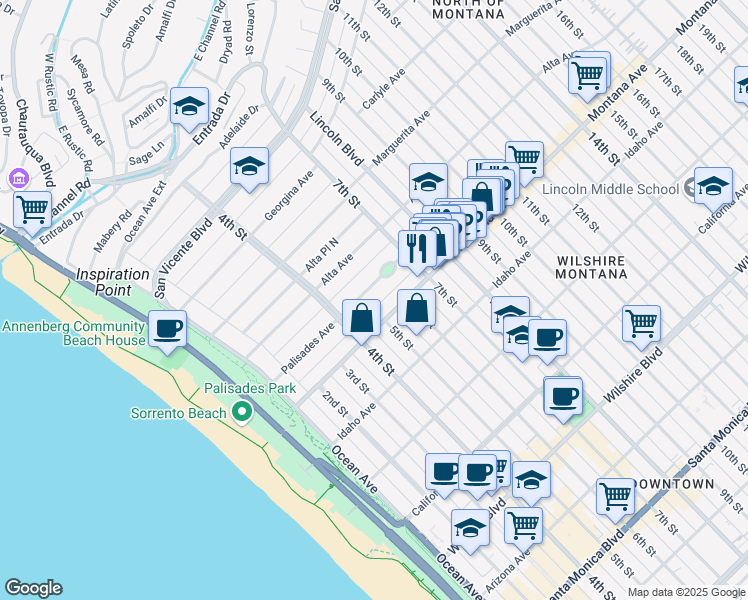 map of restaurants, bars, coffee shops, grocery stores, and more near 506 Palisades Avenue in Santa Monica