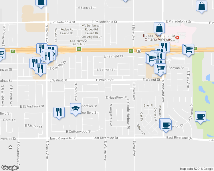map of restaurants, bars, coffee shops, grocery stores, and more near 2619 South Walker Avenue in Ontario