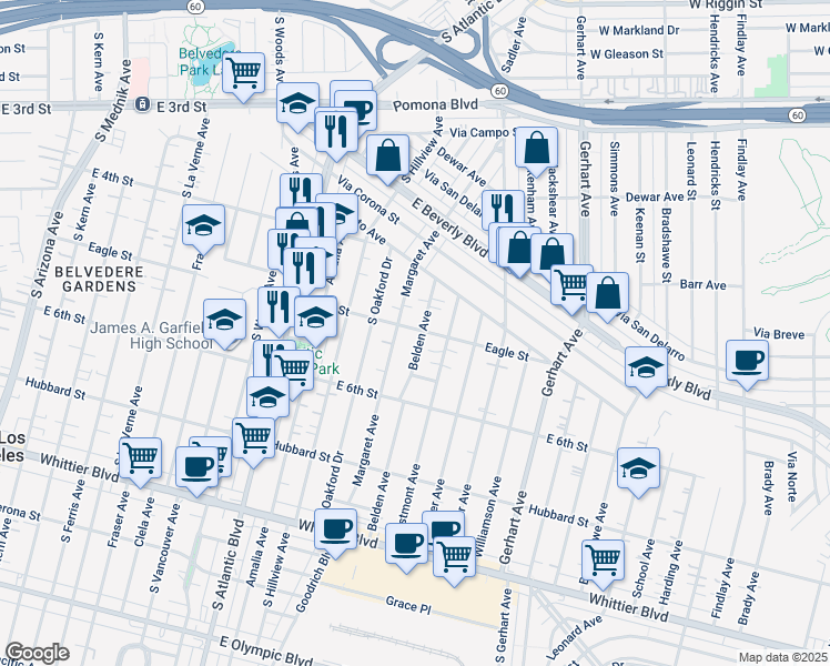 map of restaurants, bars, coffee shops, grocery stores, and more near 501 Belden Avenue in East Los Angeles