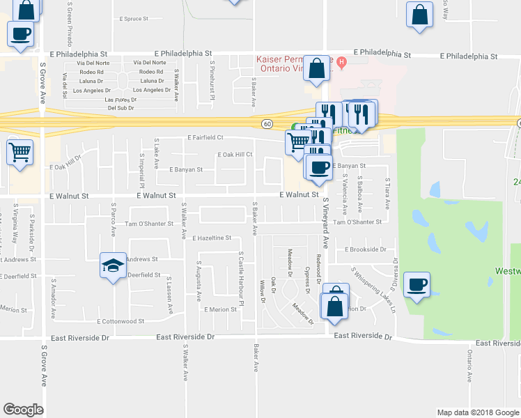 map of restaurants, bars, coffee shops, grocery stores, and more near 2626 South Quaker Ridge Place in Ontario