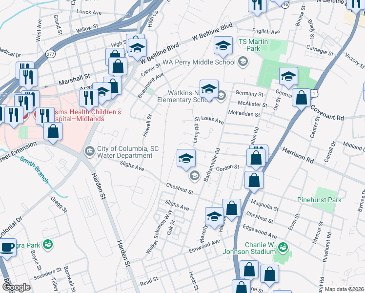 map of restaurants, bars, coffee shops, grocery stores, and more near 3012 Louisa Street in Columbia