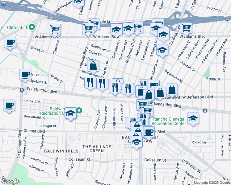 map of restaurants, bars, coffee shops, grocery stores, and more near 2933 South Redondo Boulevard in Los Angeles